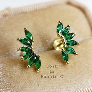 18K yellow gold over sterling silver marquise shaped emerald stud earrings